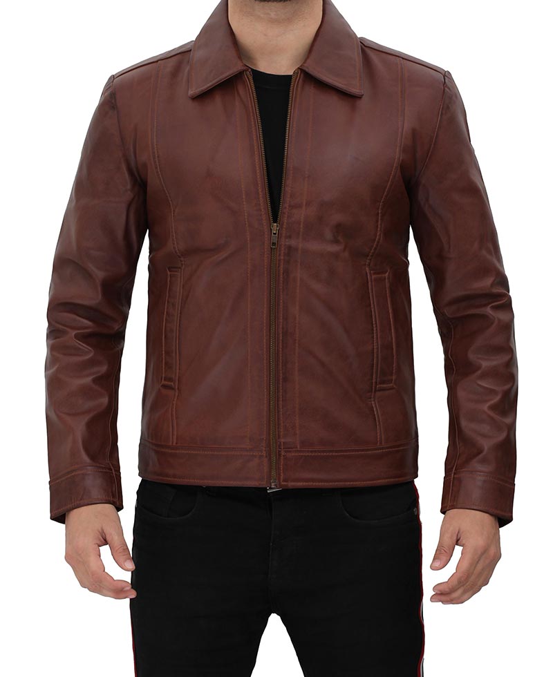 Reeves Dark Brown Shirt Collar Front Zip Men Stylish Pebbled Leather Jacket