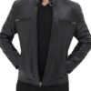 Vermont Black Leather Cafe Racer Motorcycle Jacket