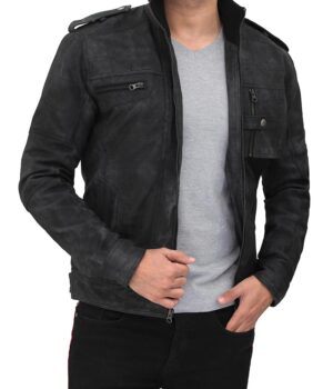 Mens Distressed Cafe Racer Leather Jacket