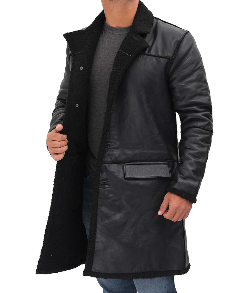 russo mens wide collar black leather winter shearling coat