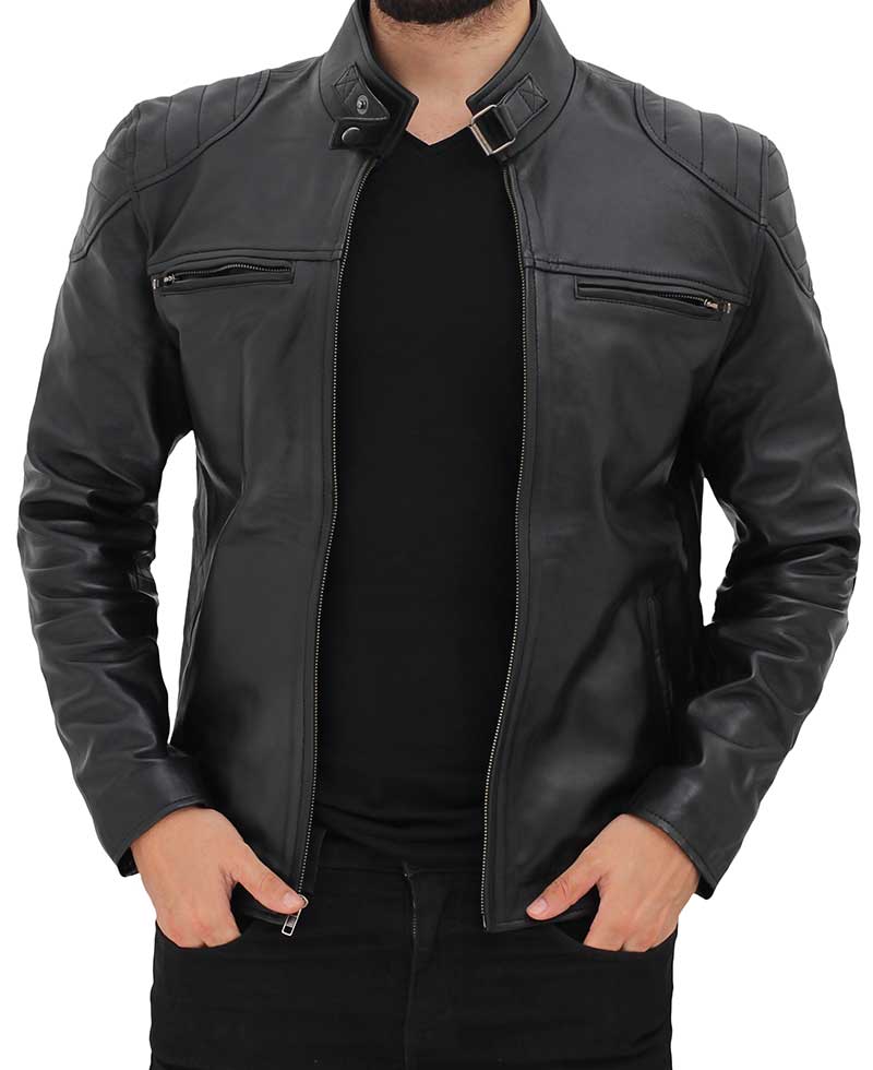 Vermont Black Leather Cafe Racer Motorcycle Jacket