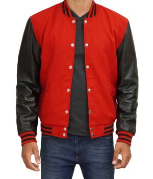 Red Varsity Jacket With Black Leather Sleeves