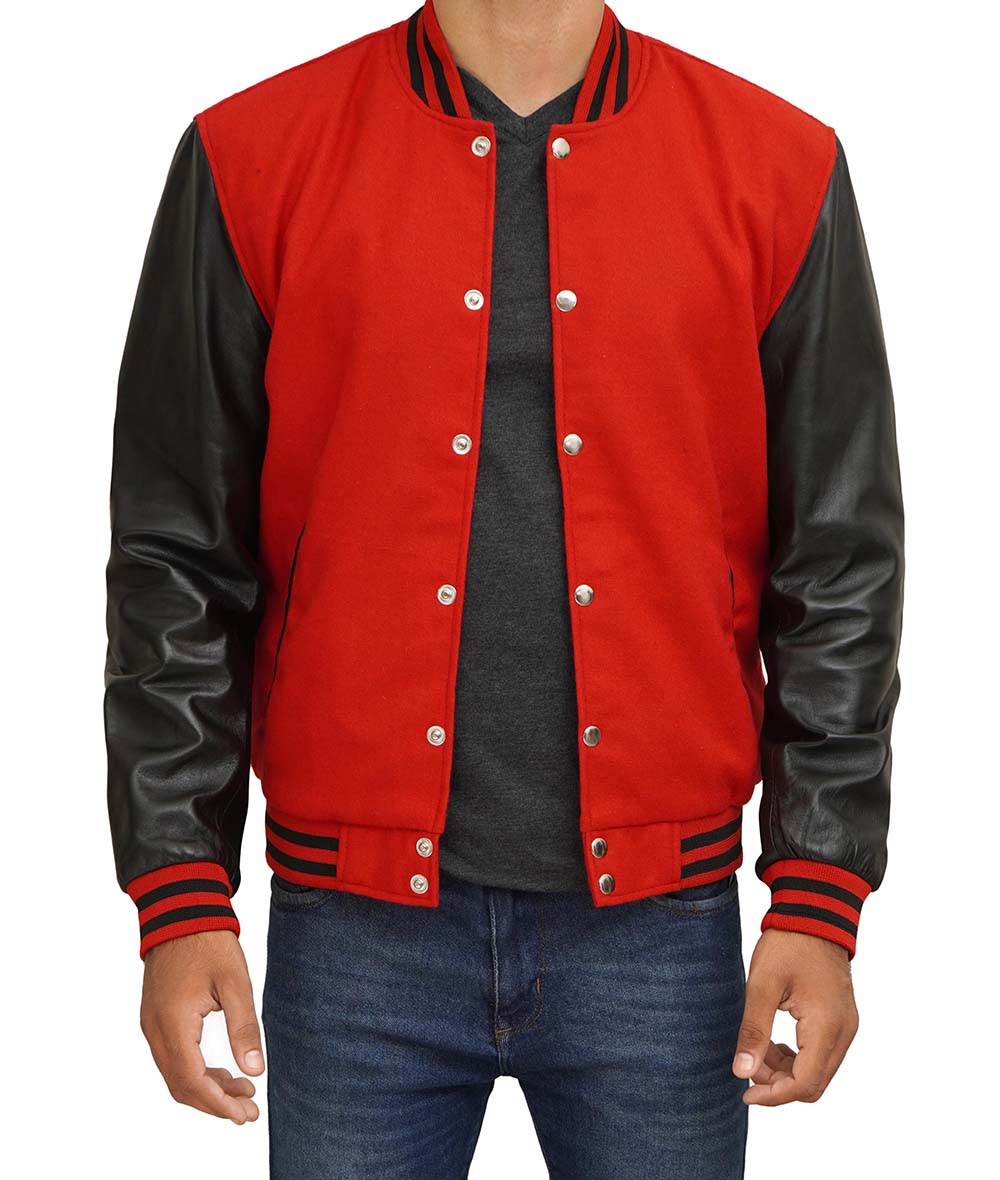 Red Varsity Jacket With Black Leather Sleeves Red Varsity Jacket With Black Leather Sleeves