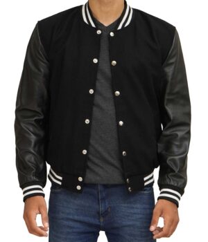 Black Varsity Jacket With Leather Sleeves 