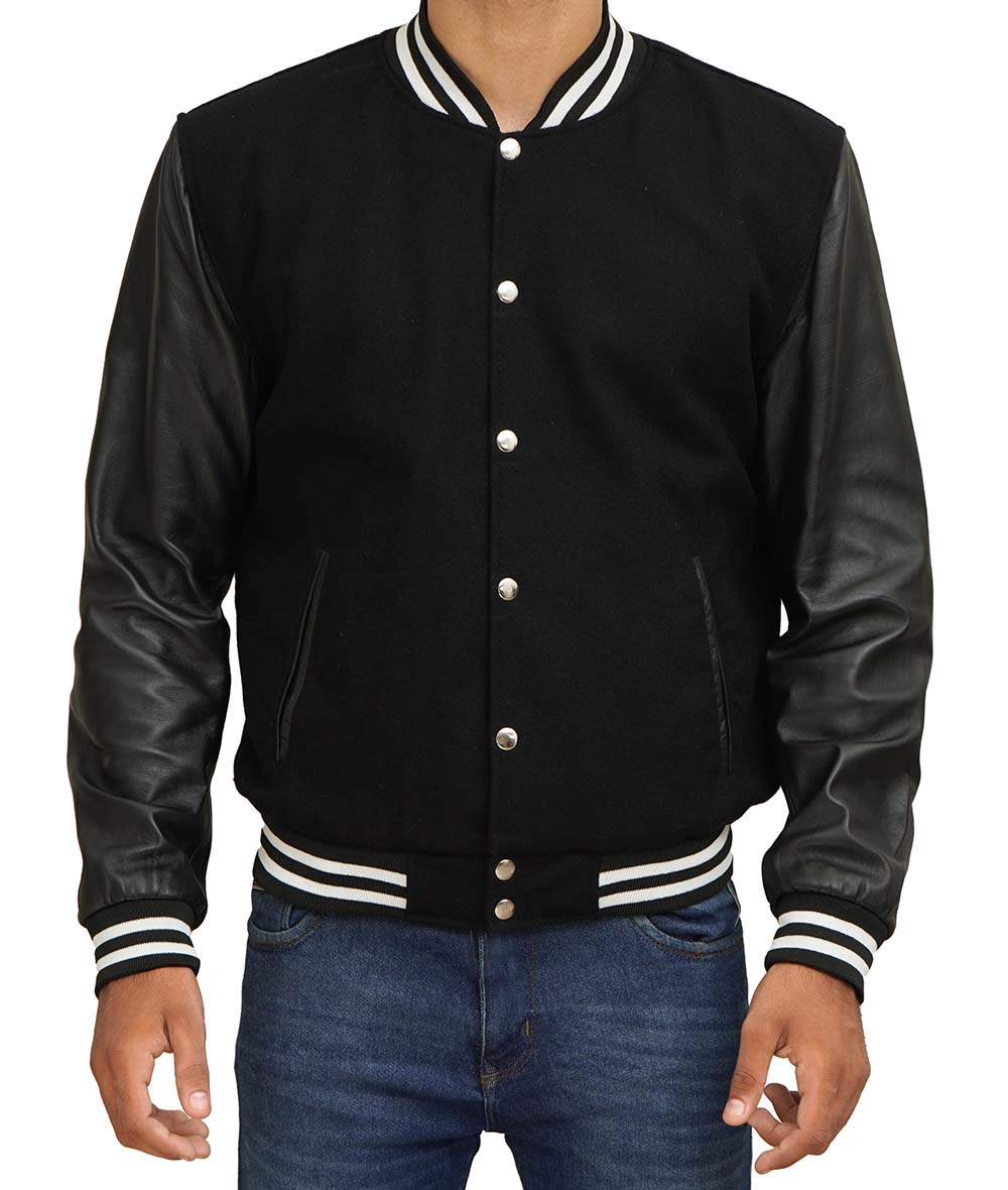 Black Varsity Jacket With Leather Sleeves Black Varsity Jacket With Leather Sleeves