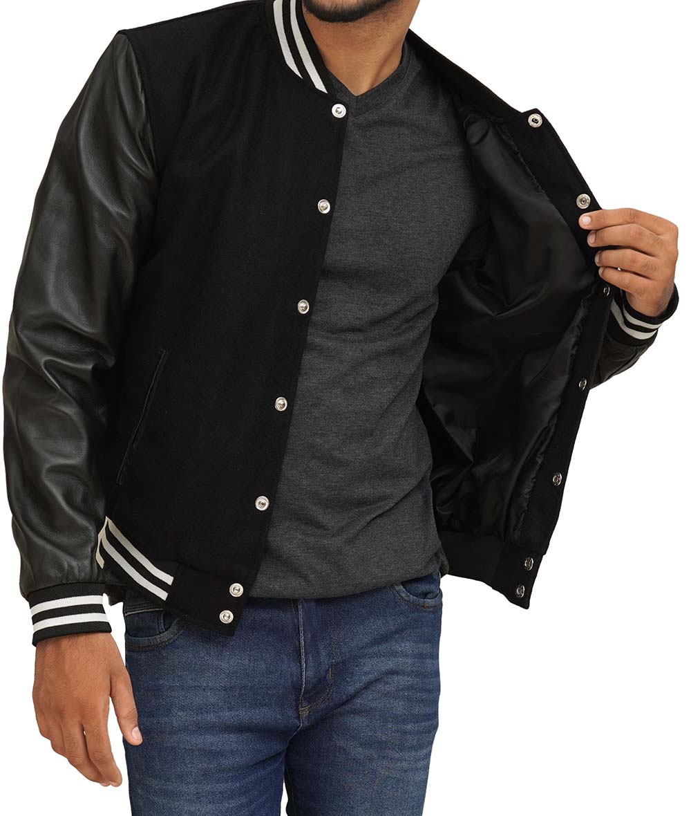 Black Varsity Jacket With Leather Sleeves Black Varsity Jacket With Leather Sleeves