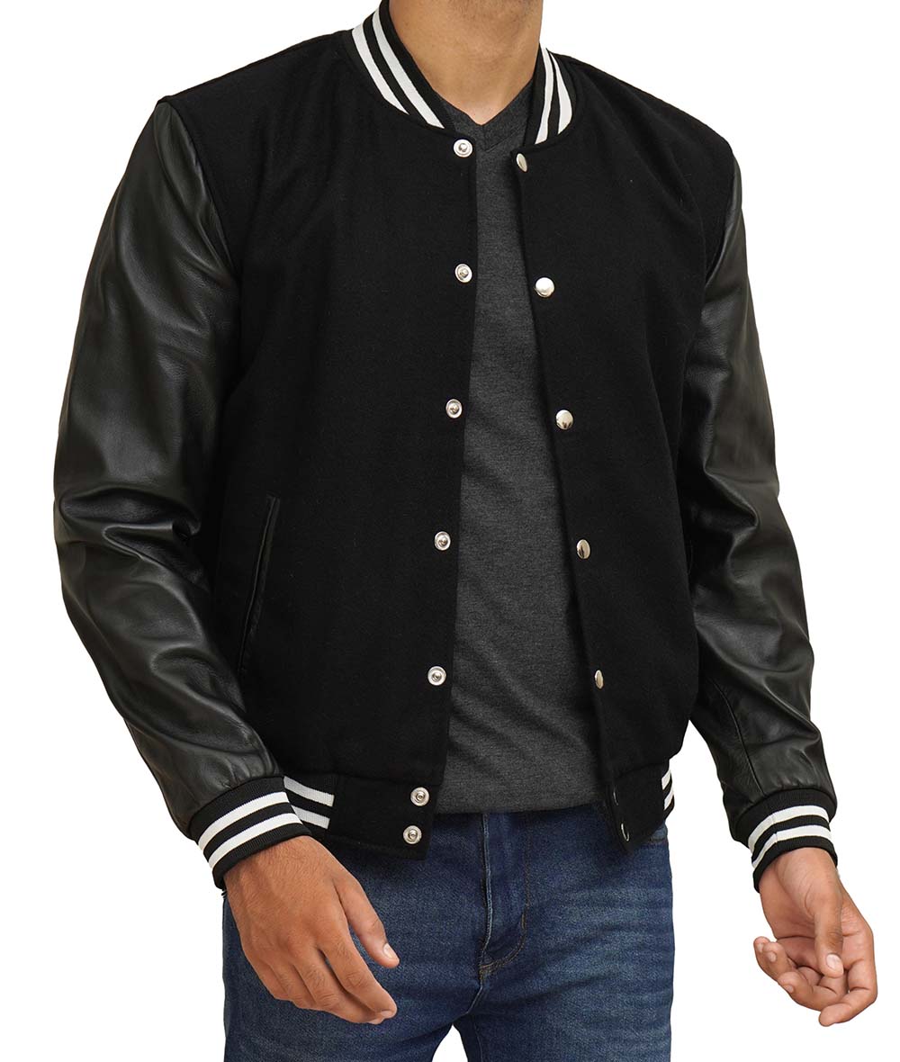 Black Varsity Jacket With Leather Sleeves Black Varsity Jacket With Leather Sleeves
