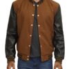 Brown Varsity Jacket With Black Leather Sleeves
