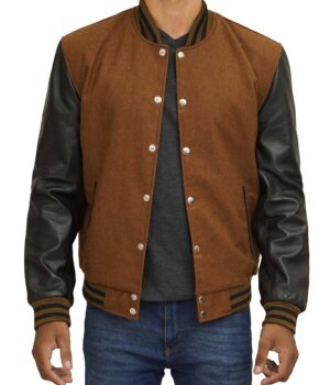 Brown Varsity Jacket With Black Leather Sleeves