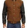 Brown Varsity Jacket With Black Leather Sleeves