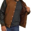 Brown Varsity Jacket With Black Leather Sleeves