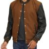 Brown Varsity Jacket With Black Leather Sleeves