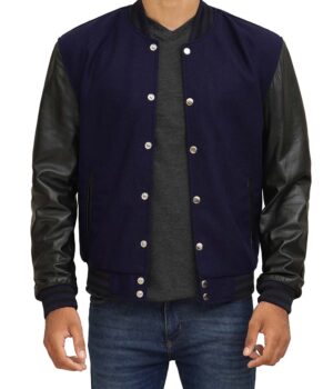 Navy Blue Varsity Jacket With Black Leather Sleeves