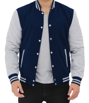 Mens Baseball Style Grey and Blue Varsity Jacket