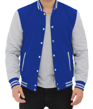 Mens Baseball Style Grey and Royal Blue Varsity Jacket