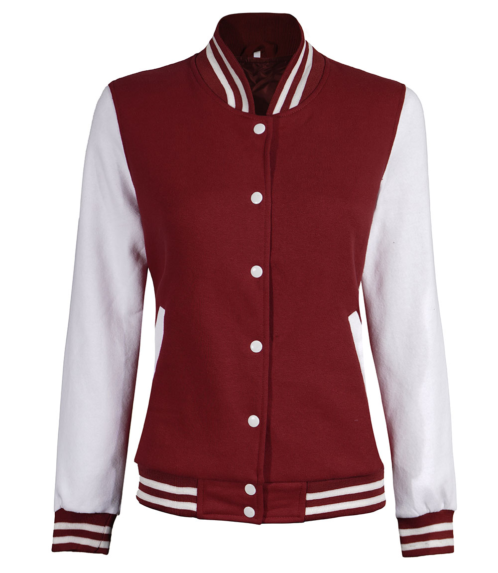 Womens Baseball Style Maroon and White Varsity Jacket Womens Baseball Style Maroon and White Varsity Jacket