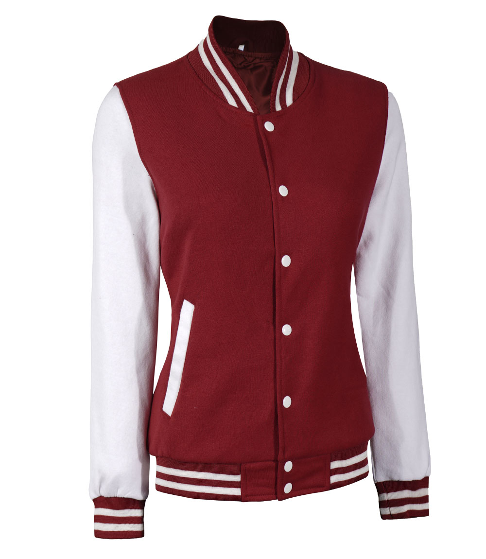 Womens Baseball Style Maroon and White Varsity Jacket Womens Baseball Style Maroon and White Varsity Jacket
