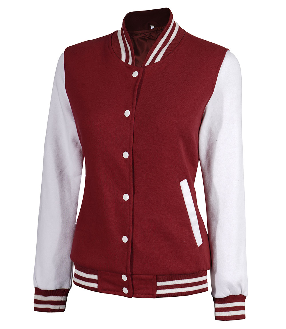 Womens Baseball Style Maroon and White Varsity Jacket Womens Baseball Style Maroon and White Varsity Jacket