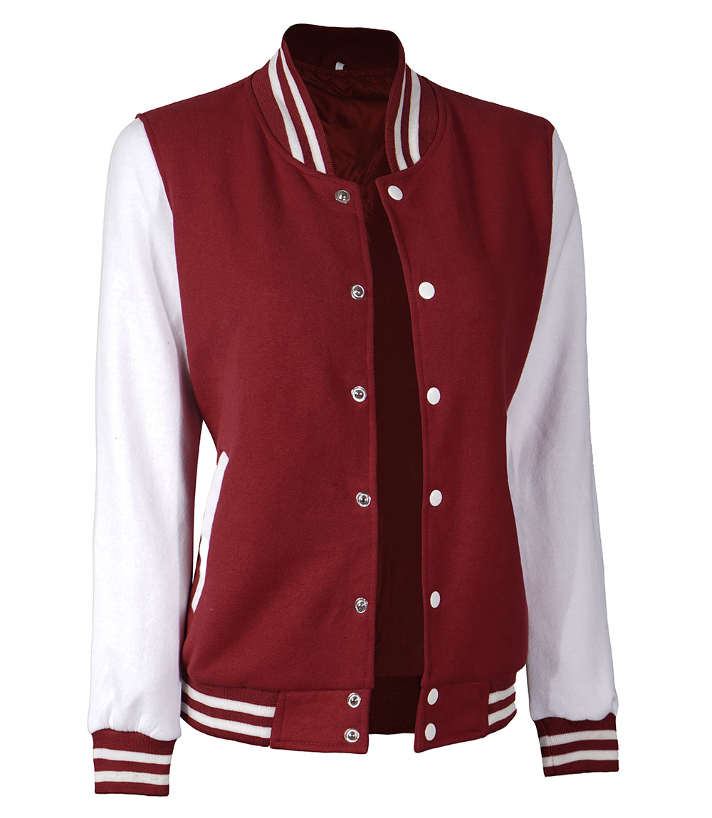 Womens Baseball Style Maroon and White Varsity Jacket Womens Baseball Style Maroon and White Varsity Jacket