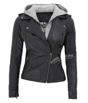 Bagheria Womens Black Hooded Leather Jacket
