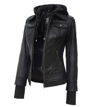 Tralee Black Womens Hooded Leather Jacket