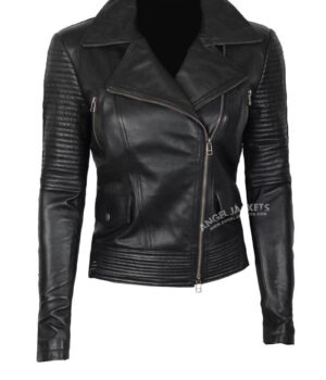 Geneva Black Asymmetrical Biker Quilted Women Leather Jacket 