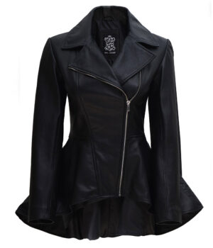 Womens Asymmetrical Peplum Black Leather Jacket