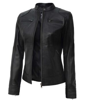 Dodge Womens Black Biker Style Leather Jacket 