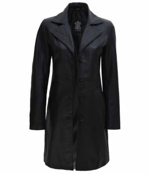 Women 3/4 Length Black Real Leather Car Coat