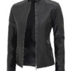 Womens Black Leather Cafe Racer Textured Jacket