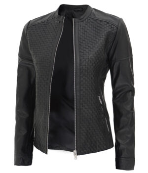 Womens Black Leather Cafe Racer Textured Jacket