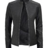 Womens Black Leather Cafe Racer Textured Jacket