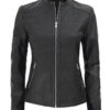 Womens Black Leather Cafe Racer Textured Jacket