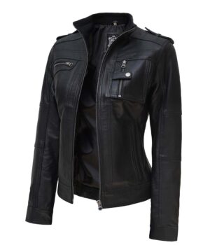 Womens Black Cafe Racer Leather Jacket 