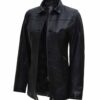Womens Black Zipper Button Down Leather Car Coat