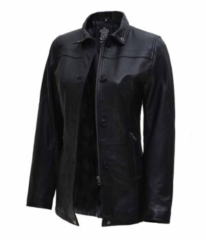 Womens Black Zipper Button Down Leather Car Coat