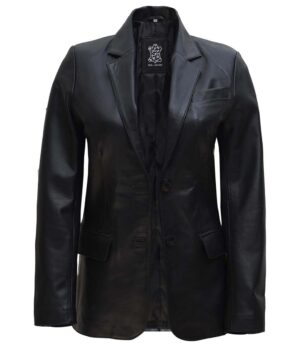 Womens Two Button Black Leather Blazer Jacket