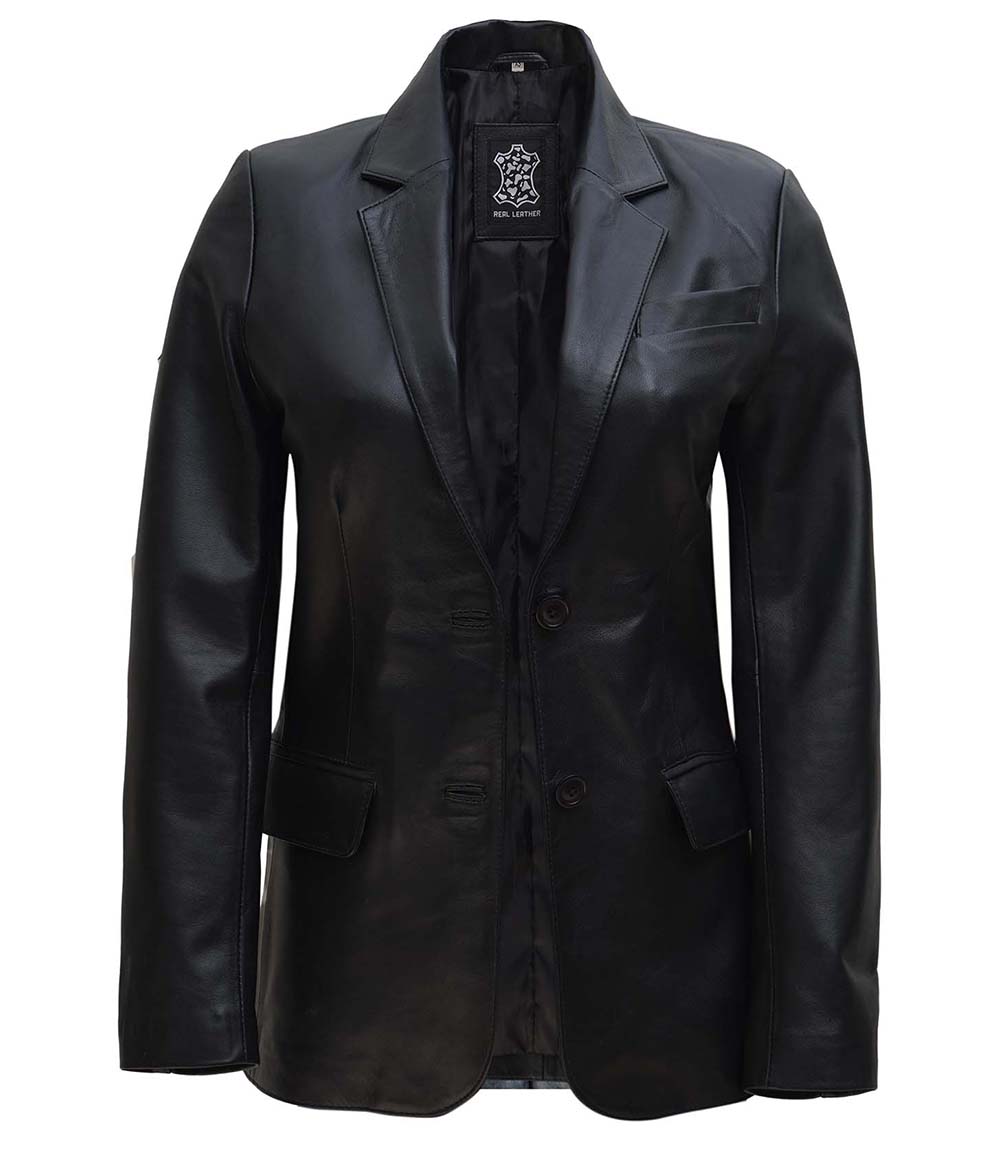 Womens Two Button Black Leather Blazer Jacket Womens Two Button Black Leather Blazer Jacket
