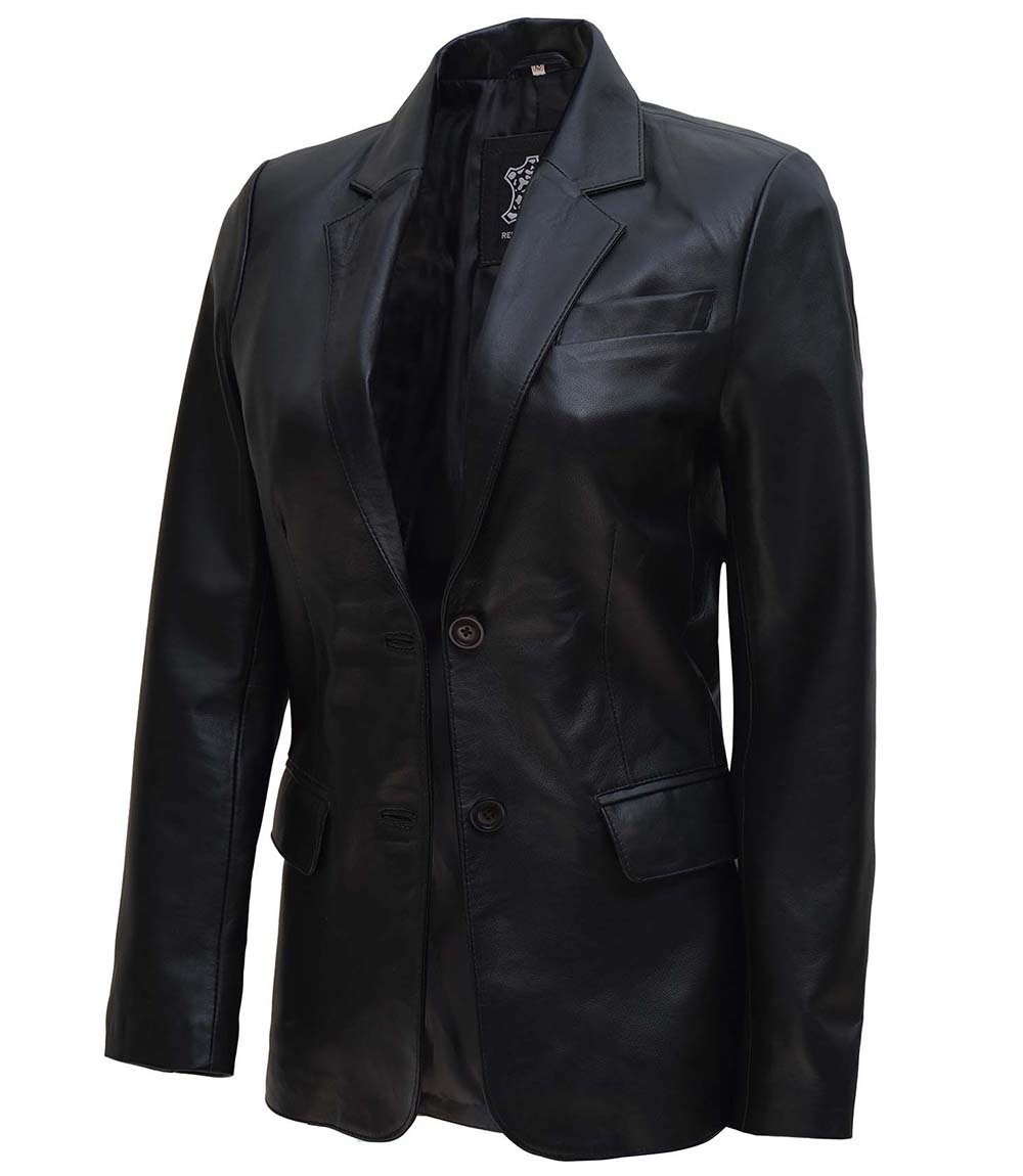 Womens Two Button Black Leather Blazer Jacket Womens Two Button Black Leather Blazer Jacket
