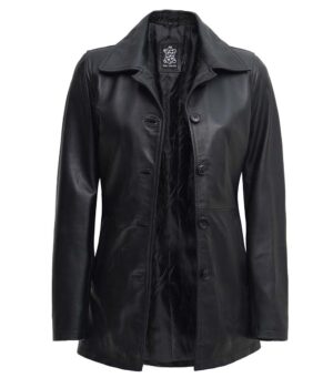 Womens Black Button Down Leather Car Coat