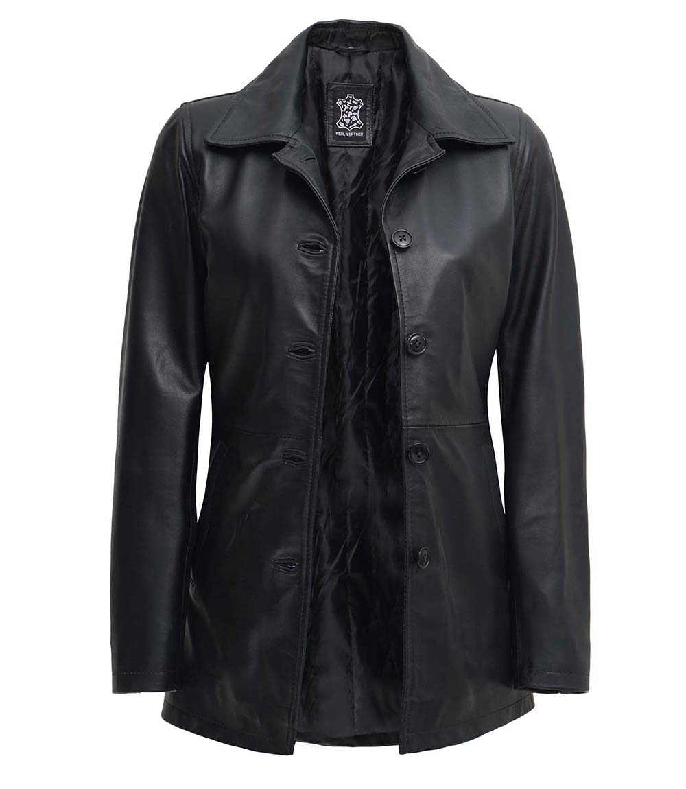 Womens Black Button Down Leather Car Coat Womens Black Button Down Leather Car Coat