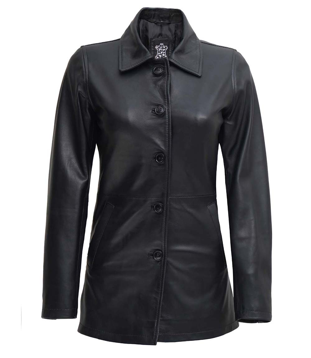 Womens Black Button Down Leather Car Coat Womens Black Button Down Leather Car Coat