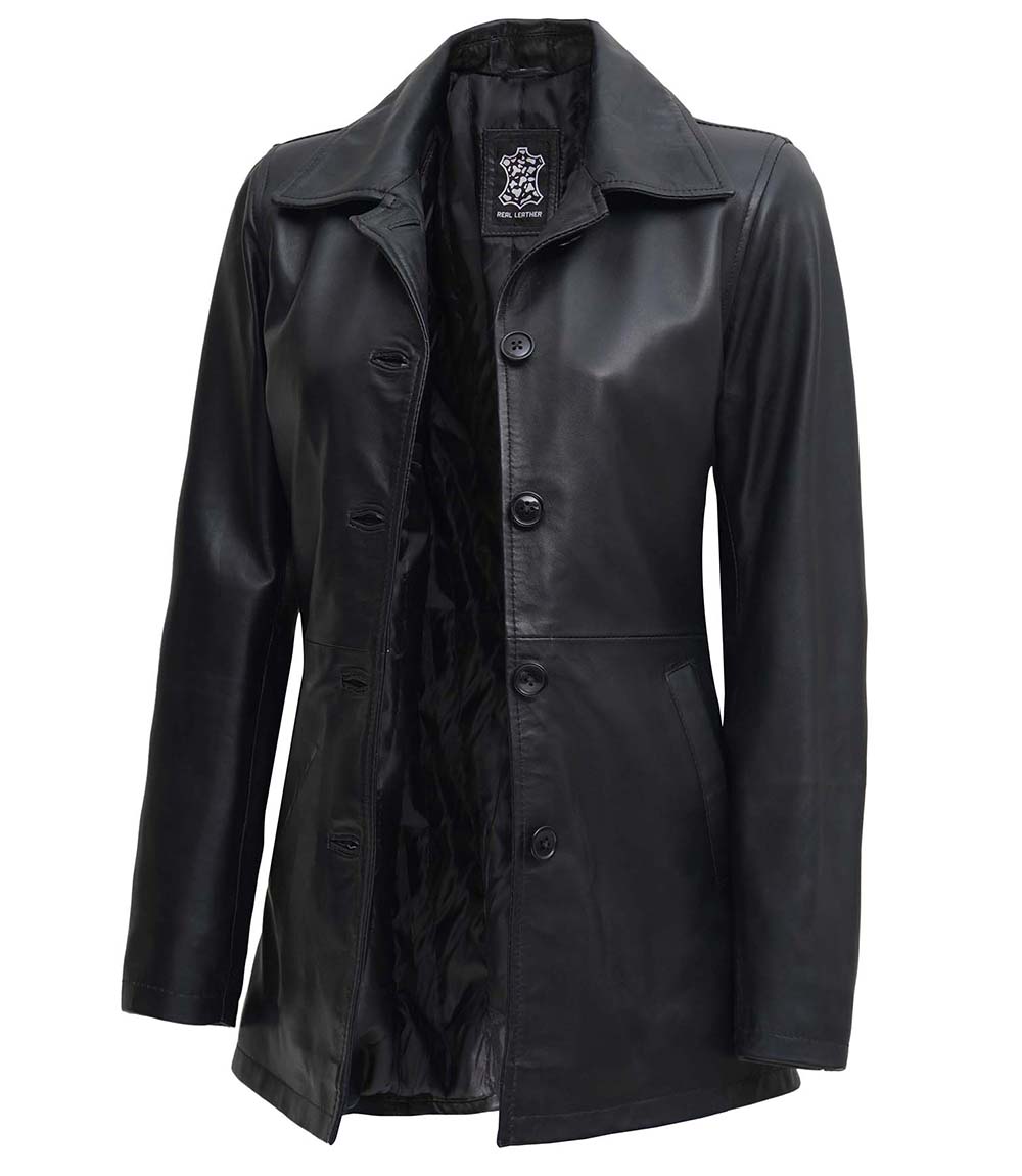 Womens Black Button Down Leather Car Coat Womens Black Button Down Leather Car Coat