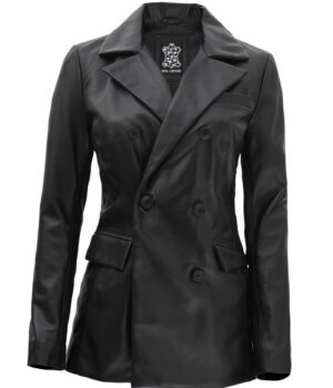 Breanna Women Double Breasted Black Leather Blazer