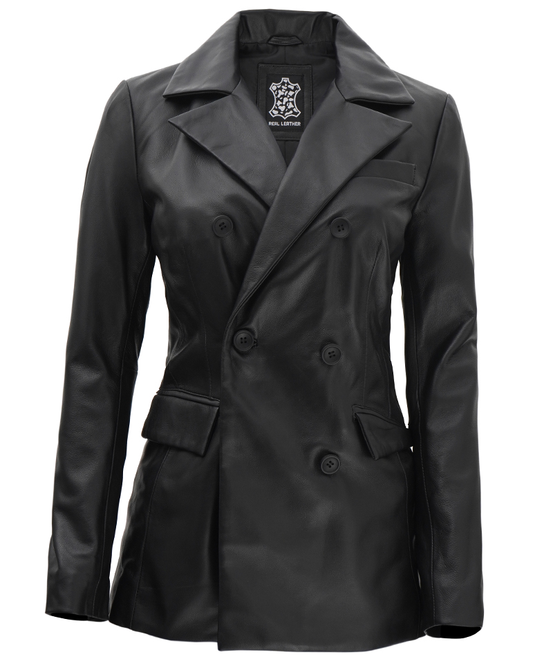 Breanna Women Double Breasted Black Leather Blazer Breanna Women Double Breasted Black Leather Blazer