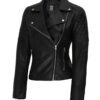 Womens Black Biker Leather Quilted Jacket
