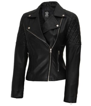 Womens Black Biker Leather Quilted Jacket