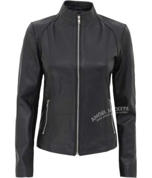 Acerra Womens Black Leather Cafe Racer Jacket