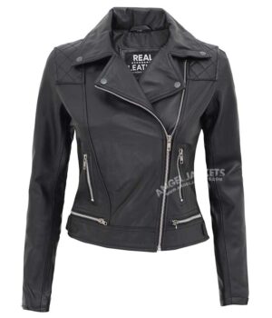 Womens Asymmetrical Black Leather Quilted Jacket
