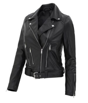 Women Biker Black Asymmetrical Leather Jacket